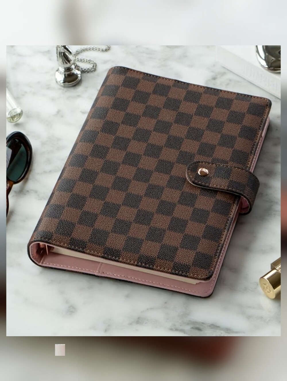 Brown Checkered PU Leather A5 Six Ring Binder Planner Cover with 160 Pages